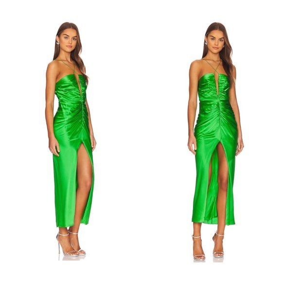 The Sei Keyhole Gathered Dress in Green Silk - Palm - Picture 2 of 10